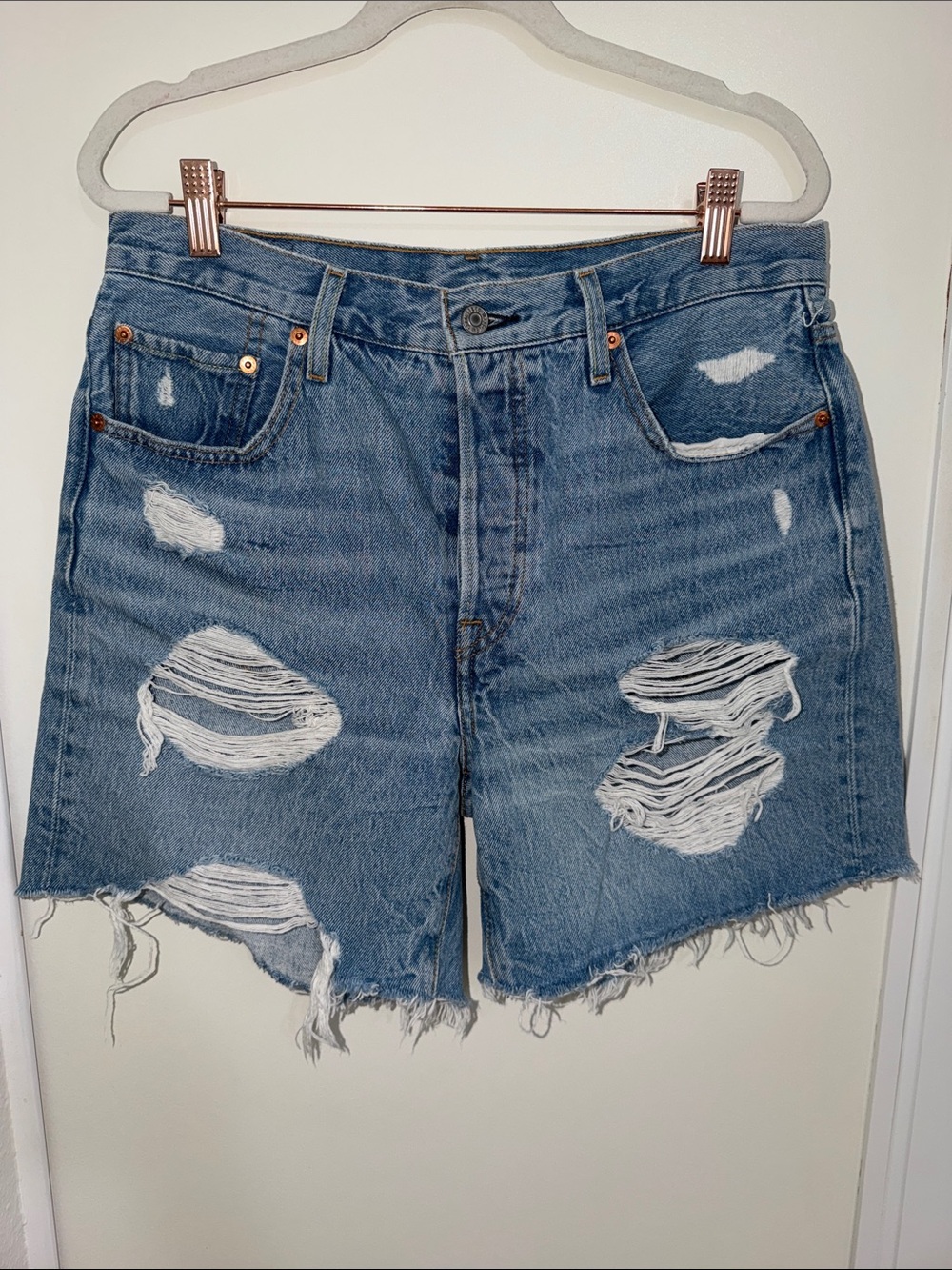 Levi's Premium 501 Distressed Blue Denim Cutoff Shorts | 29